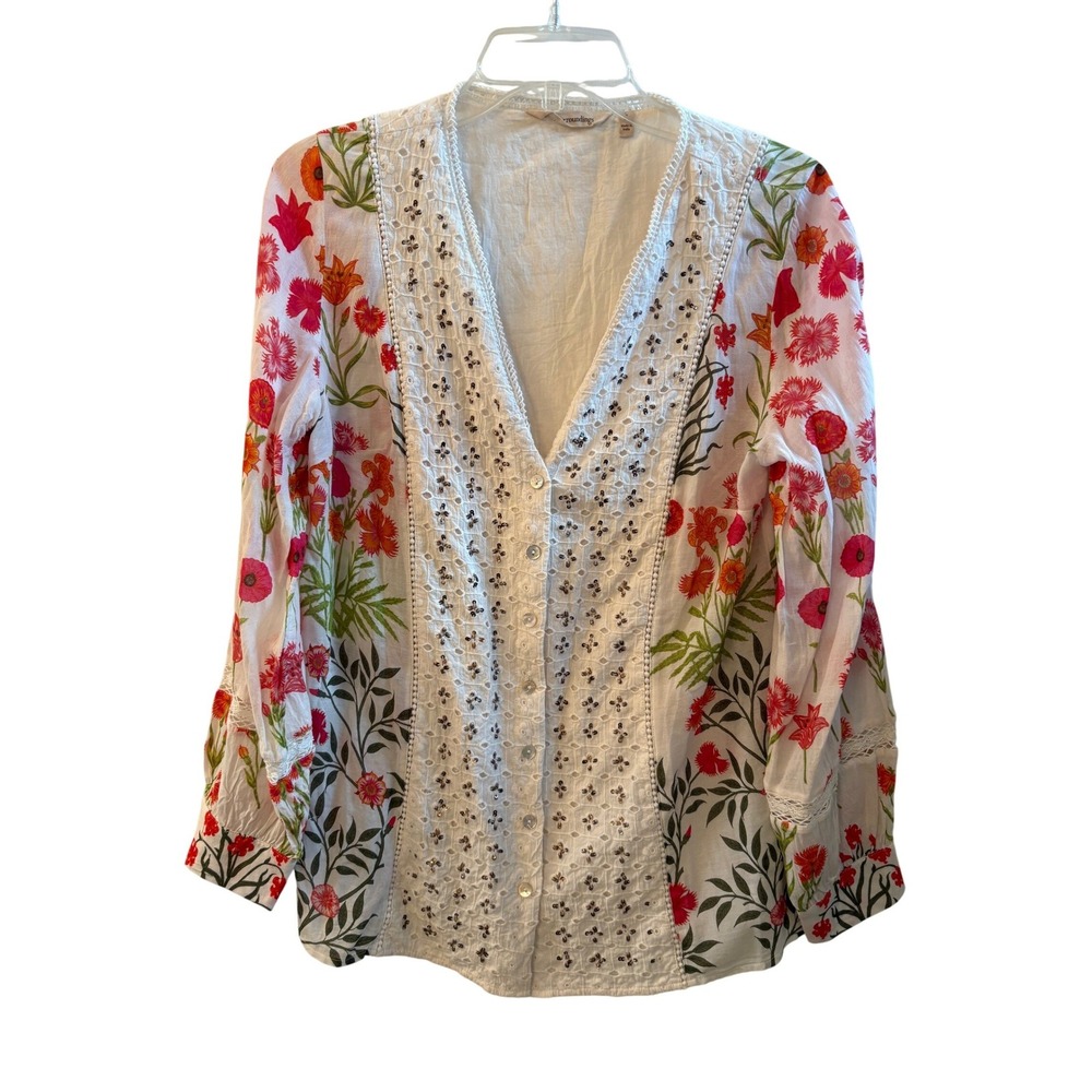 Soft Surroundings Floral Eyelet Sequin Blouse Boho Size Small